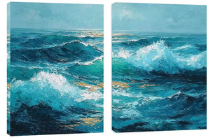 Blue ocean wave canvas art for dramatic modern living room decor.