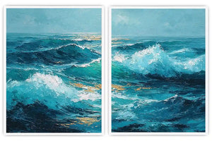 Blue ocean wave canvas art for dramatic modern living room decor.