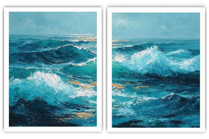 Blue ocean wave canvas art for dramatic modern living room decor.