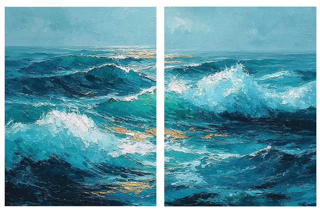 Blue ocean wave canvas art for dramatic modern living room decor.