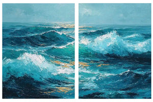 Blue ocean wave canvas art for dramatic modern living room decor.