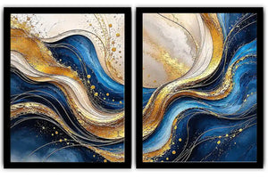 Blue and gold abstract wave canvas art for luxury modern living room decor.