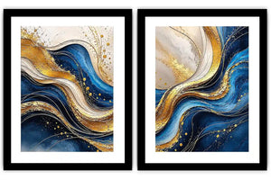 Blue and gold abstract wave canvas art for luxury modern living room decor.