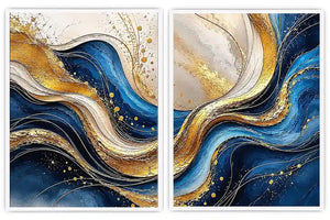 Blue and gold abstract wave canvas art for luxury modern living room decor.