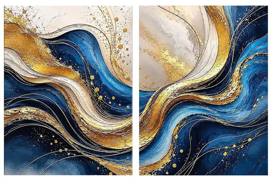 Blue and gold abstract wave canvas art for luxury modern living room decor.