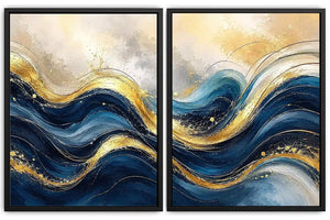 Blue and gold abstract wave canvas art for modern luxury living room decor.