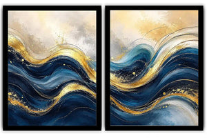Blue and gold abstract wave canvas art for modern luxury living room decor.