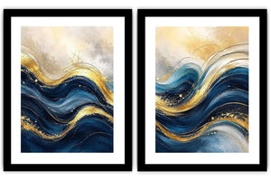 Blue and gold abstract wave canvas art for modern luxury living room decor.