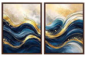 Blue and gold abstract wave canvas art for modern luxury living room decor.