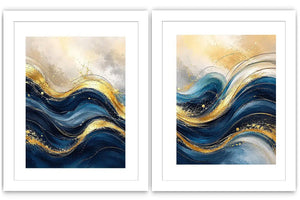 Blue and gold abstract wave canvas art for modern luxury living room decor.