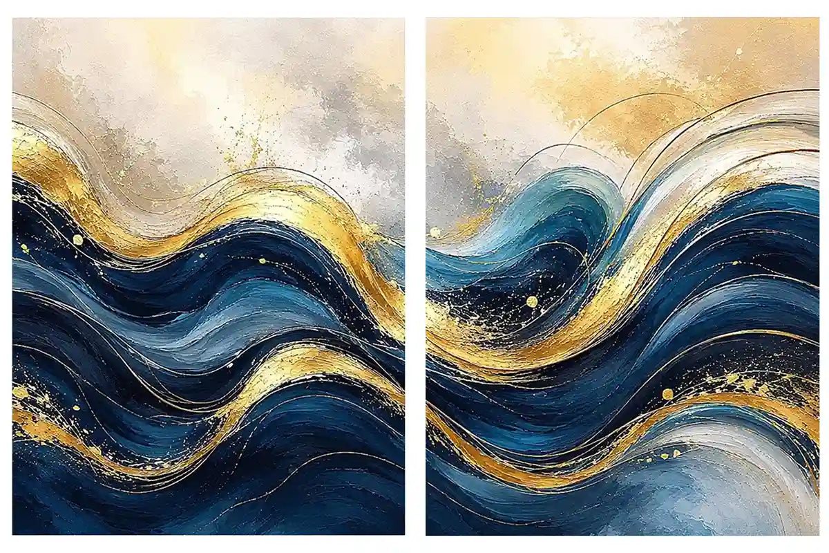 Blue and gold abstract wave canvas art for modern luxury living room decor.