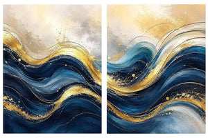 Blue and gold abstract wave canvas art for modern luxury living room decor.