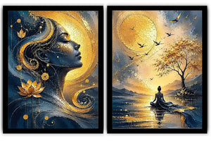 Blue and gold meditative woman canvas art with lotus, sun, birds, and calm landscape.