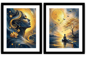 Blue and gold meditative woman canvas art with lotus, sun, birds, and calm landscape.
