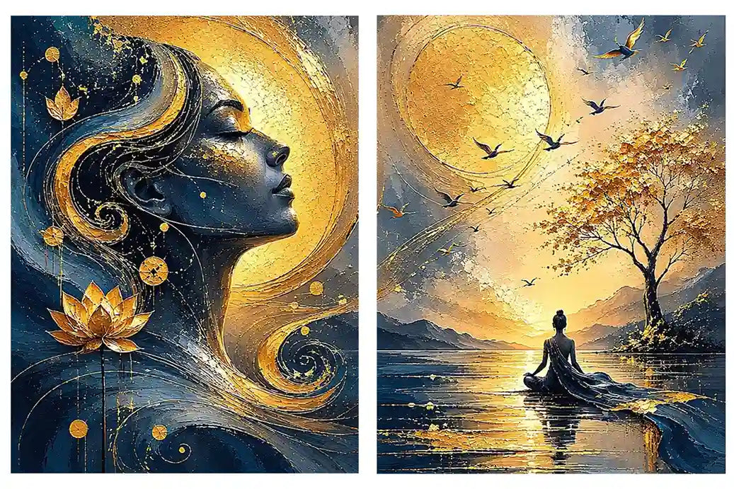 Blue and gold meditative woman canvas art with lotus, sun, birds, and calm landscape.