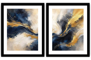 Navy blue and gold abstract canvas art with flowing texture for luxury living room decor.