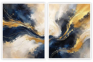 Navy blue and gold abstract canvas art with flowing texture for luxury living room decor.