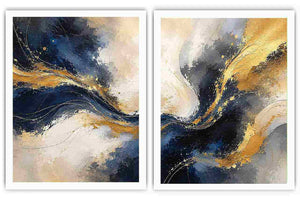 Navy blue and gold abstract canvas art with flowing texture for luxury living room decor.