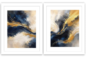 Navy blue and gold abstract canvas art with flowing texture for luxury living room decor.