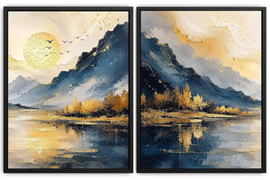 Blue and gold mountain lake canvas art with sun, birds, trees, and calm water for living room decor.