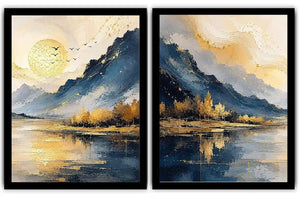Blue and gold mountain lake canvas art with sun, birds, trees, and calm water for living room decor.