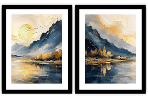 Blue and gold mountain lake canvas art with sun, birds, trees, and calm water for living room decor.