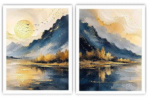 Blue and gold mountain lake canvas art with sun, birds, trees, and calm water for living room decor.