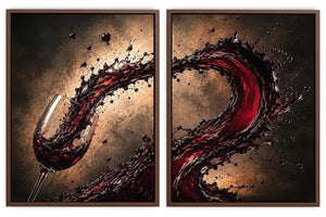 Red wine splash canvas art with glass for modern dining room and home bar decor.