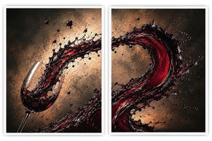 Red wine splash canvas art with glass for modern dining room and home bar decor.