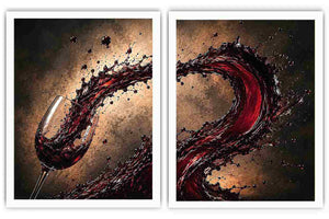 Red wine splash canvas art with glass for modern dining room and home bar decor.