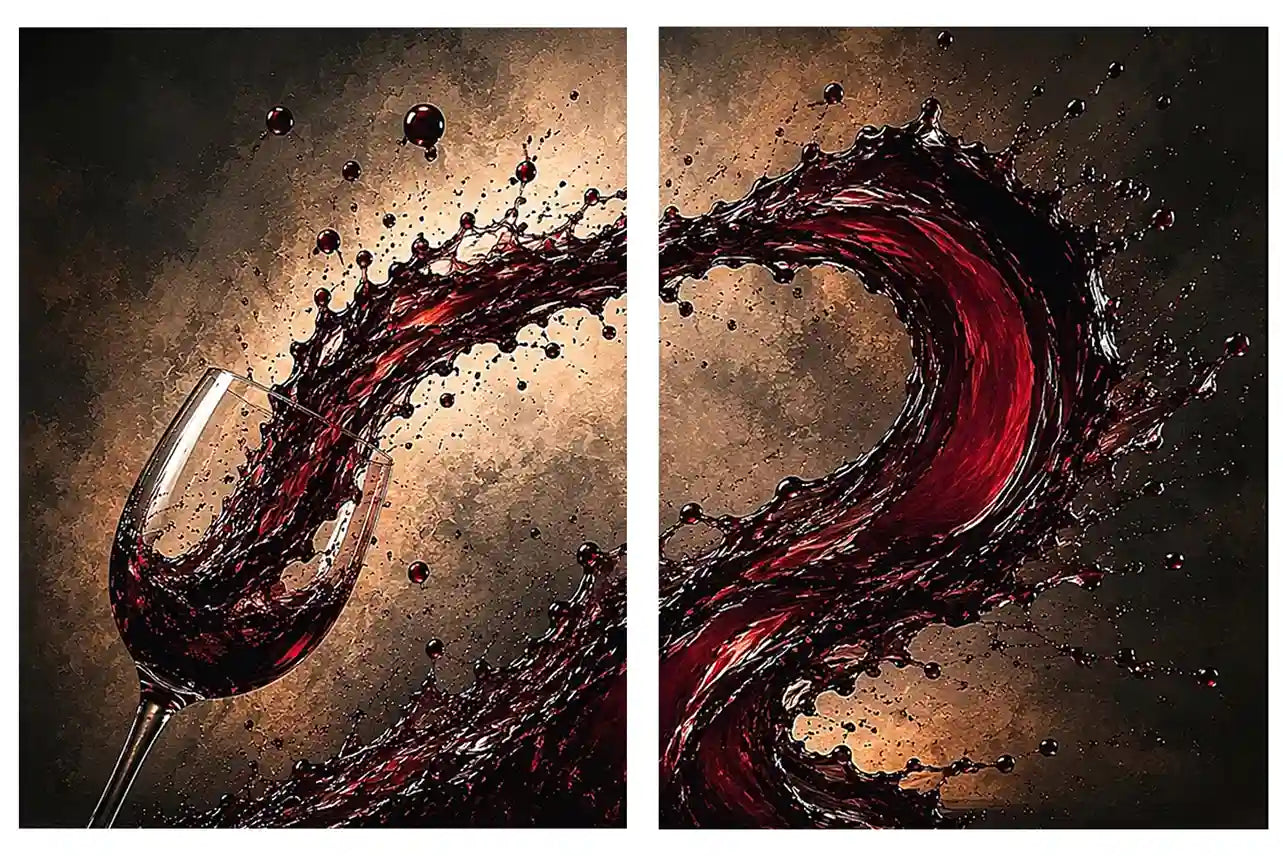 Red wine splash canvas art with glass for modern dining room and home bar decor.