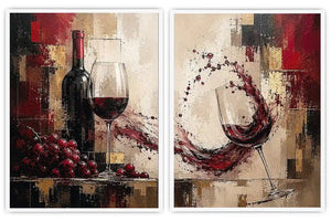 Red wine canvas art with grapes, bottle, and wine glasses for dining room and home bar decor.