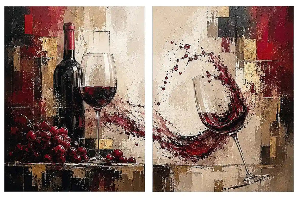 Red wine canvas art with grapes, bottle, and wine glasses for dining room and home bar decor.