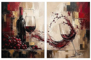 Red wine canvas art with grapes, bottle, and wine glasses for dining room and home bar decor.