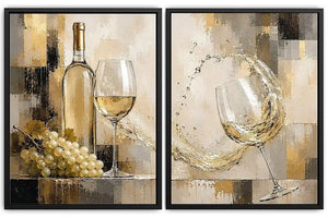 White wine canvas art with grapes, bottle, and glassware for elegant dining room and home bar decor.