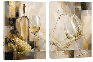 White wine canvas art with grapes, bottle, and glassware for elegant dining room and home bar decor.
