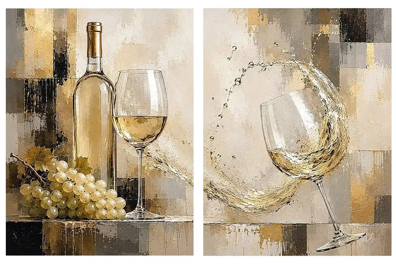 White wine canvas art with grapes, bottle, and glassware for elegant dining room and home bar decor.