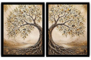 Golden tree of life diptych canvas art with intertwined roots for luxury living room decor