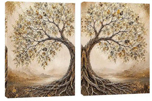 Golden tree of life diptych canvas art with intertwined roots for luxury living room decor