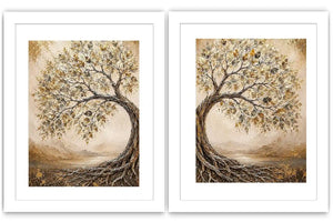 Golden tree of life diptych canvas art with intertwined roots for luxury living room decor