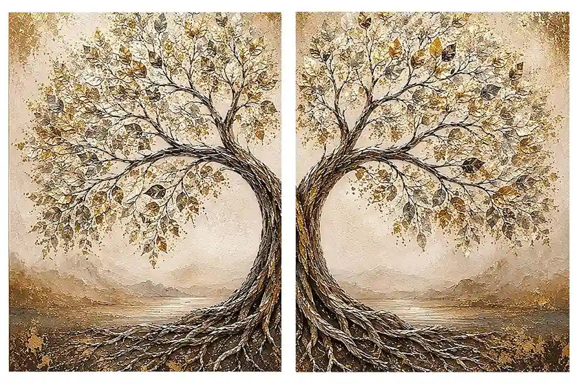 Golden tree of life diptych canvas art with intertwined roots for luxury living room decor
