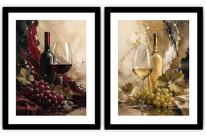 Red and white wine canvas art with bottles, glasses, grapes, and vine leaves for dining room decor.