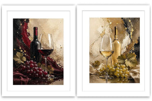 Red and white wine canvas art with bottles, glasses, grapes, and vine leaves for dining room decor.