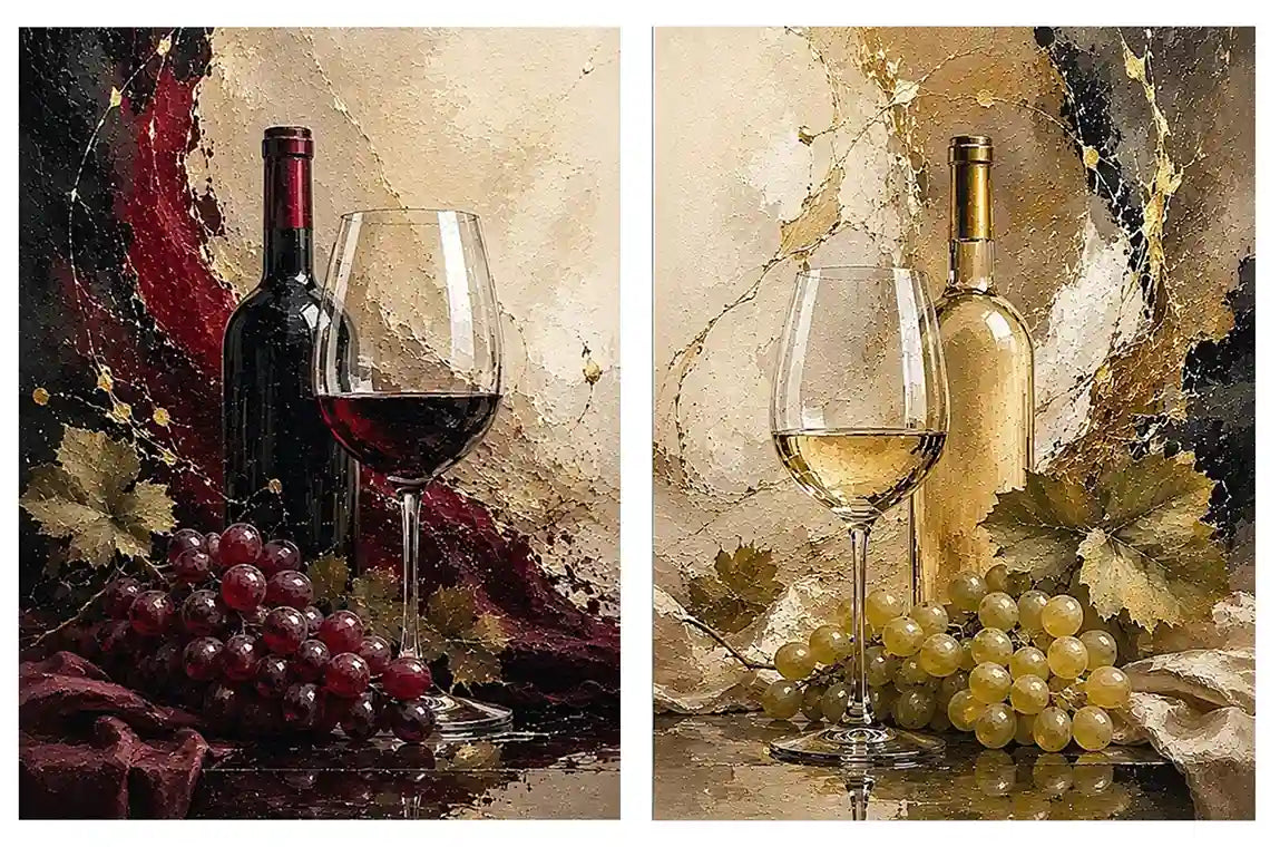 Red and white wine canvas art with bottles, glasses, grapes, and vine leaves for dining room decor.