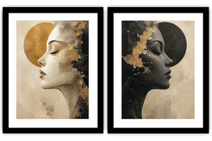 Abstract female profile diptych canvas art in black, beige and gold for luxury living room decor.