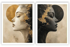 Abstract female profile diptych canvas art in black, beige and gold for luxury living room decor.