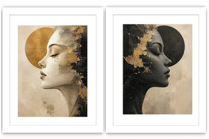 Abstract female profile diptych canvas art in black, beige and gold for luxury living room decor.