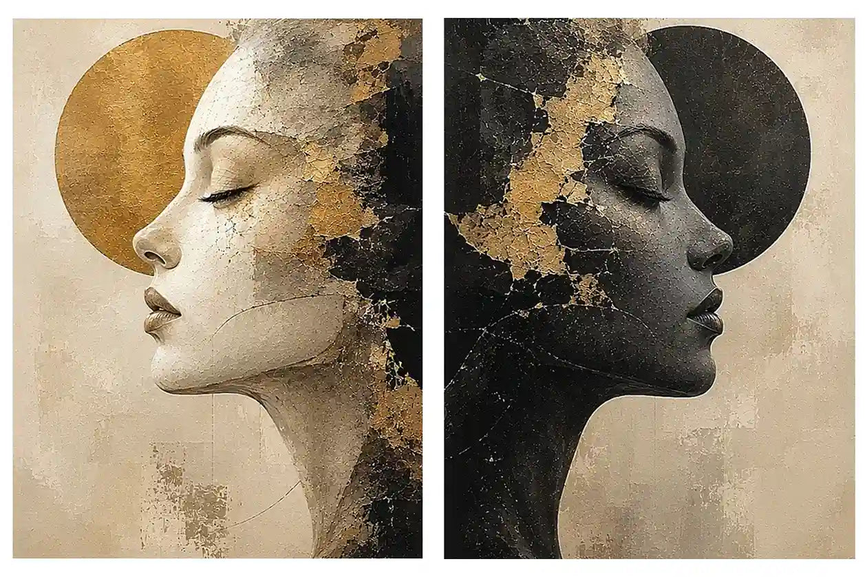 Abstract female profile diptych canvas art in black, beige and gold for luxury living room decor.