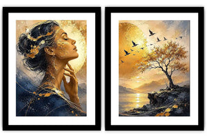 Elegant female portrait and sunset landscape diptych canvas art for luxury living room decor.