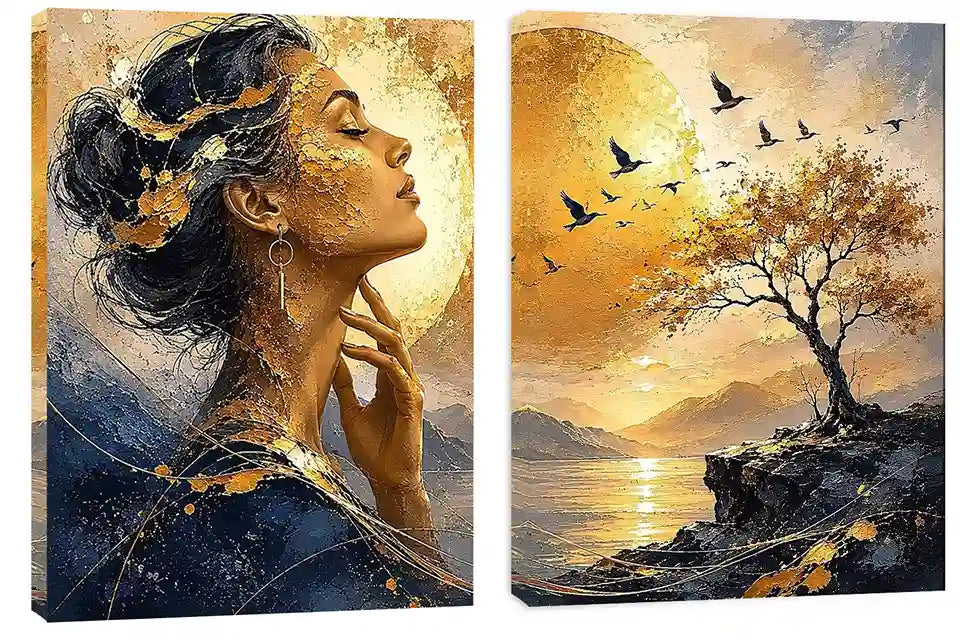 Elegant female portrait and sunset landscape diptych canvas art for luxury living room decor.